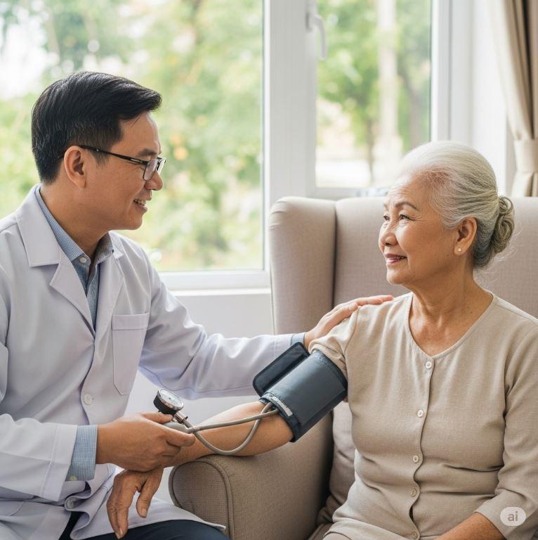 Bác sĩ tại Viện Dưỡng Lão Thanh Xuân tận tâm thăm khám sức khỏe định kỳ cho người cao tuổi.